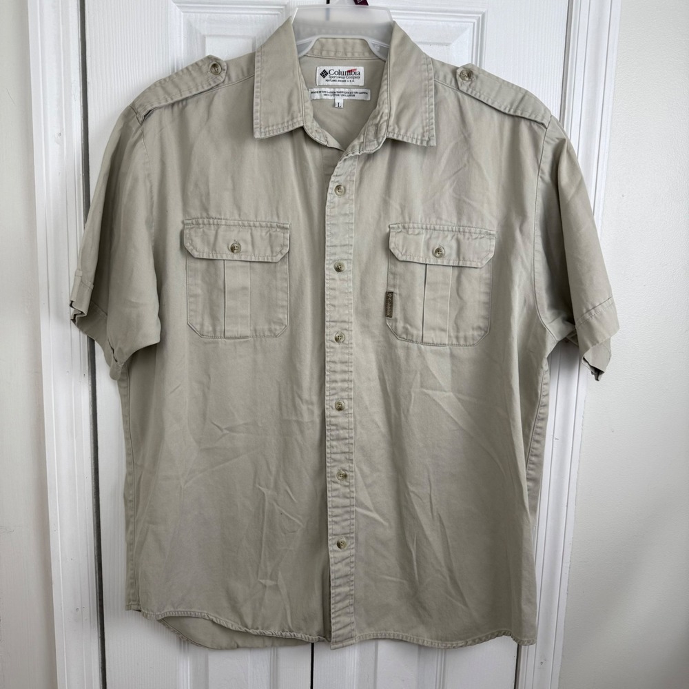 Columbia‎ Button Up Shirt Mens Large Tan Short Sleeve Fishing Safari Hiking